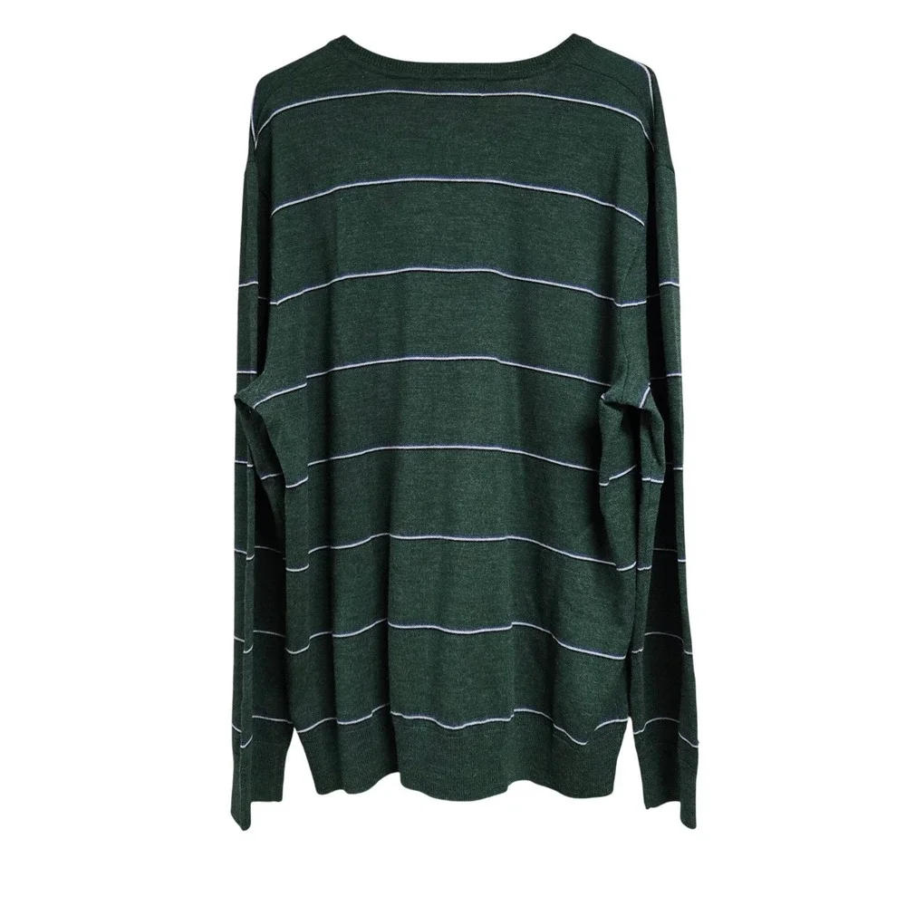 Banana Republic 100% Merino Wool V-Neck Sweater Forest Green Striped Men's XXL